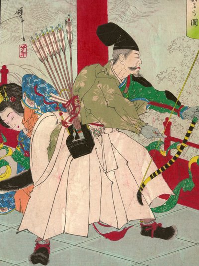 Watanabe no Tsuna, with Bow and Arrows, at the Palace of the Demon Ibaraki, pub. c.1880 by Tsukioka Yoshitoshi